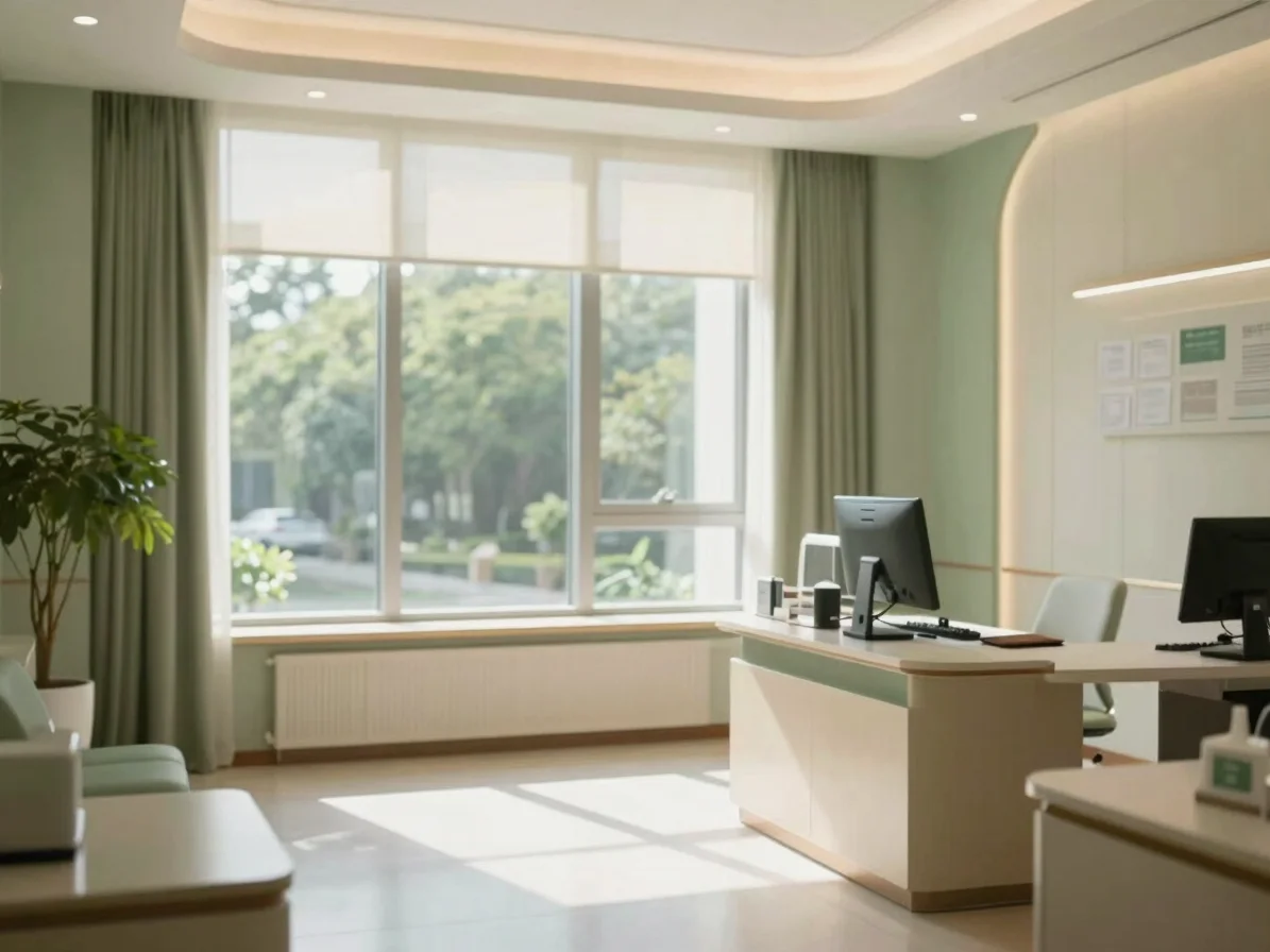 Elegant and serene medical office in green and cream tones, natur