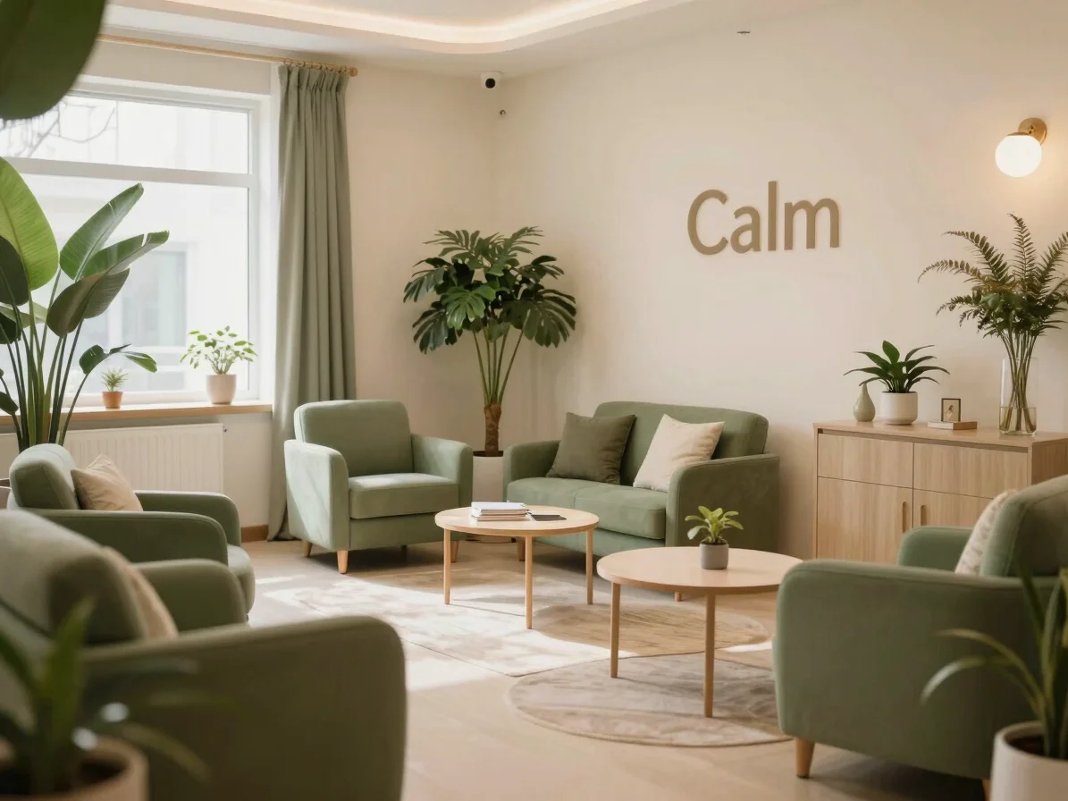 Calm therapist office with comfortable seating and organic decor