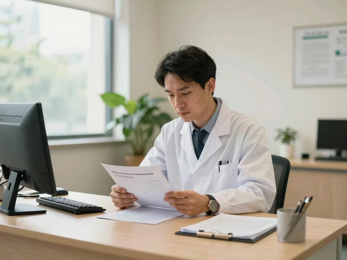 Specialist reviewing neuropsychological reports on a clean desk w