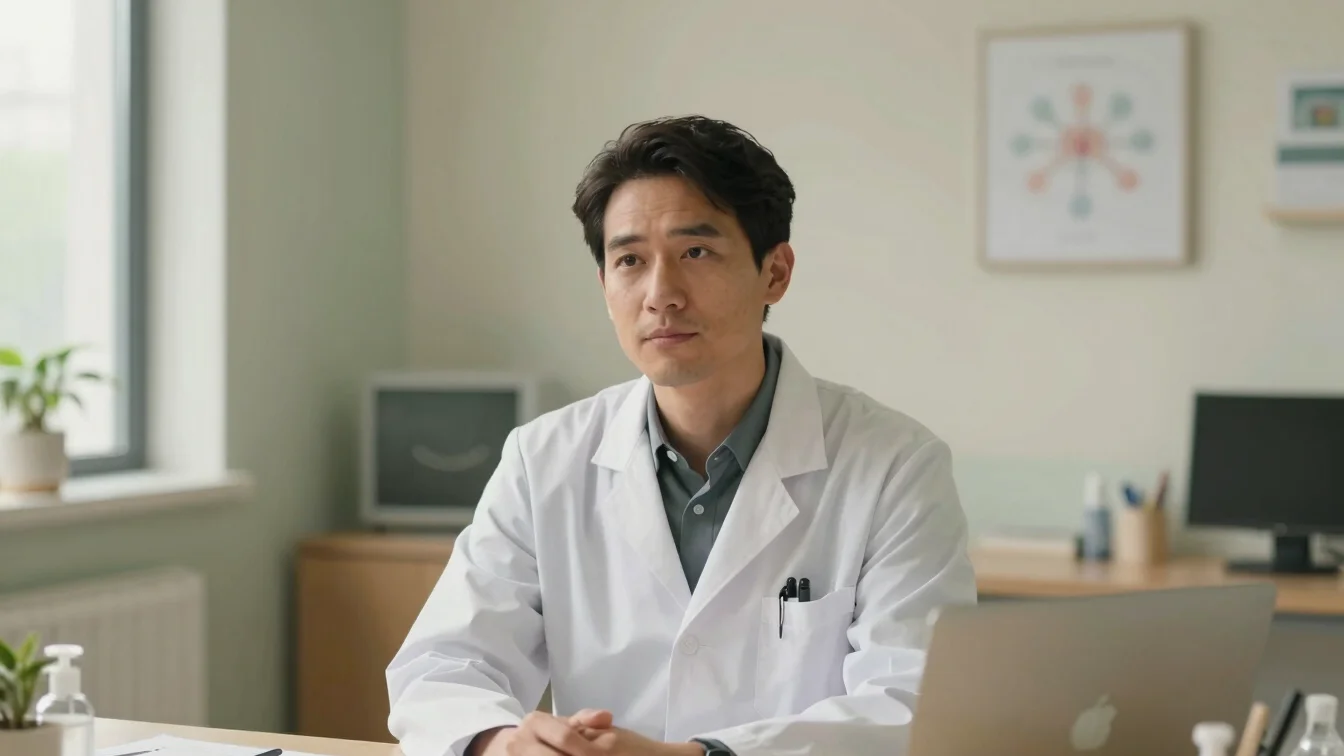 Warm editorial portrait of a male psychiatrist in a serene clinic