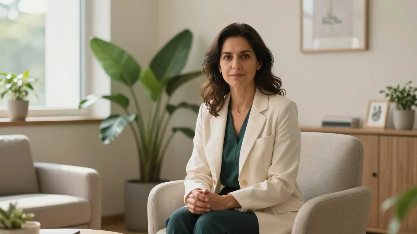 Warm editorial portrait of a female psychologist in a calm consul