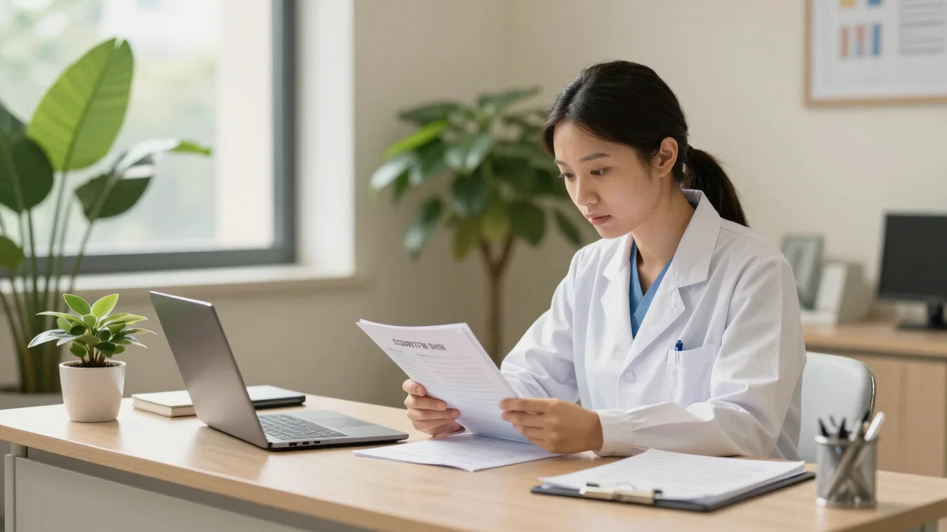 Specialist reviewing cognitive evaluation notes on a clean desk w