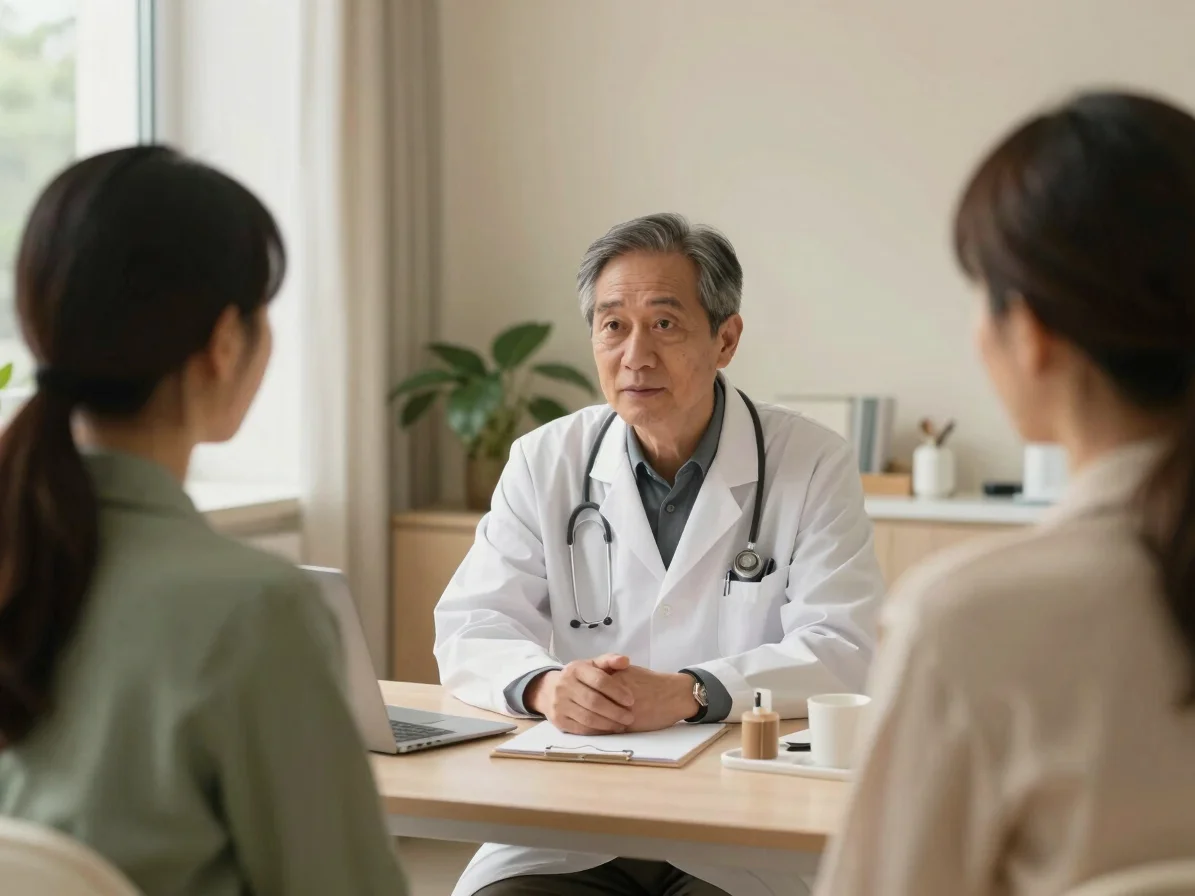 Doctor listening attentively to a patient in a warm, cream-toned