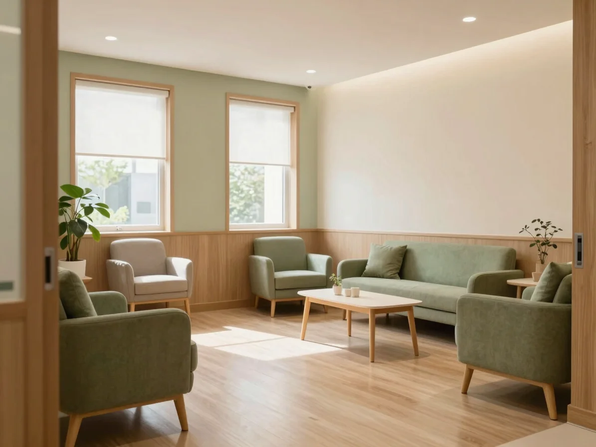 Calm and welcoming family consultation space with warm wood textu