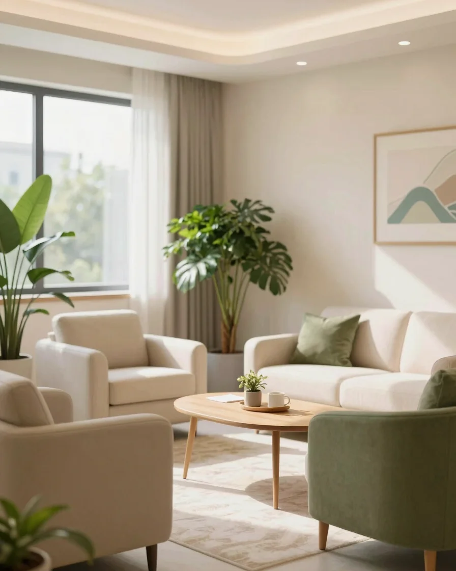 Warm editorial interior of a modern psychiatric consultation room