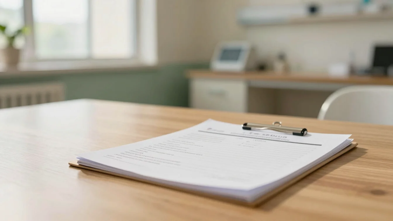 Detail of warm wooden surface and medical notes in a sunlit clinical office