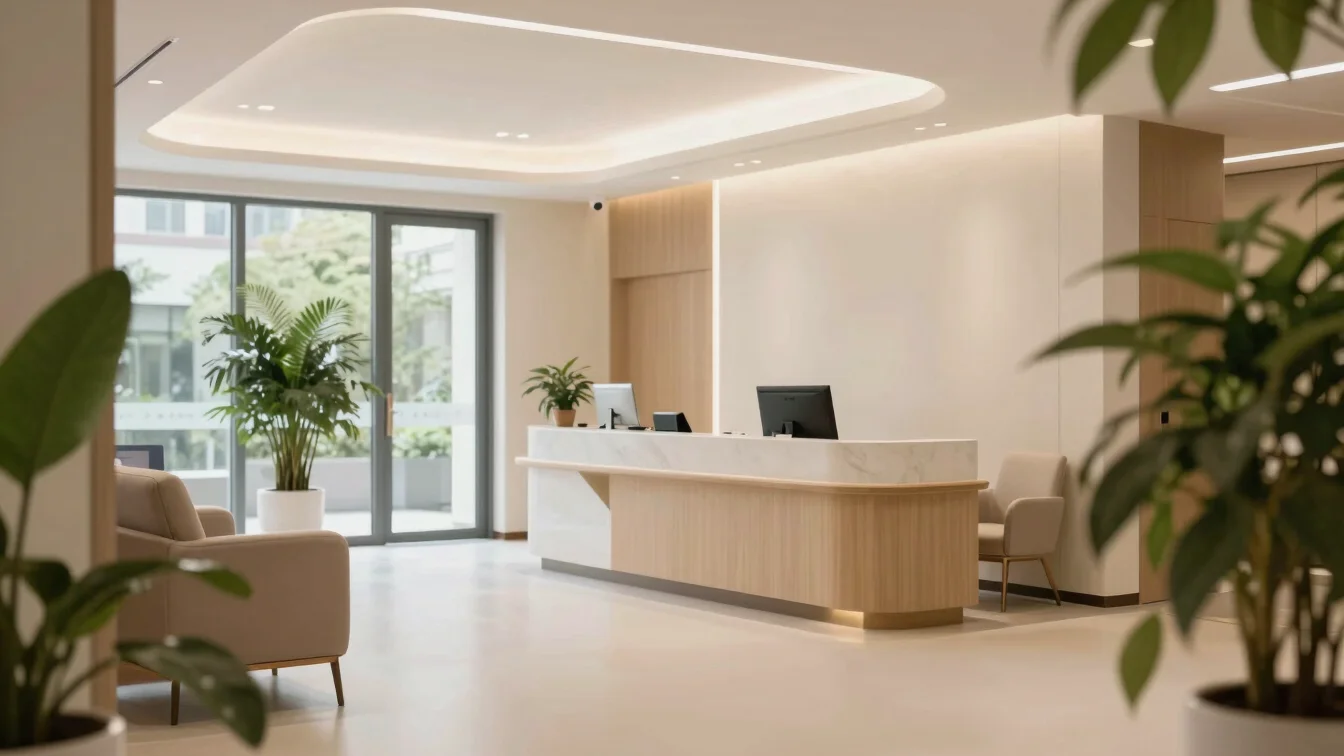 Contemporary medical office interior with calm neutral tones and green foliage